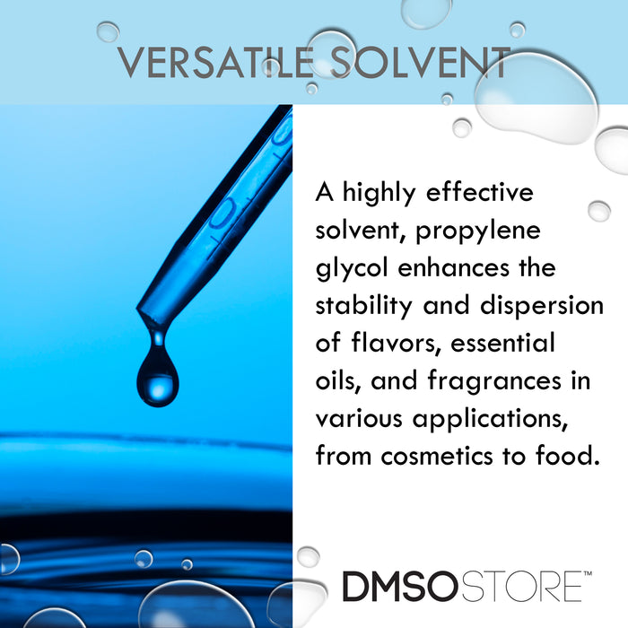 Propylene Glycol, which is 99.998% pure and USP Grade. It meets rigorous certifications like USP, FCC, IPEC, and Kosher. Ideal for food, pharma, and other applications, it's manufactured in the USA and has a 2-year shelf life. It's perfect for various industry needs. Get your high-quality Propylene Glycol today at the DMSO Store!