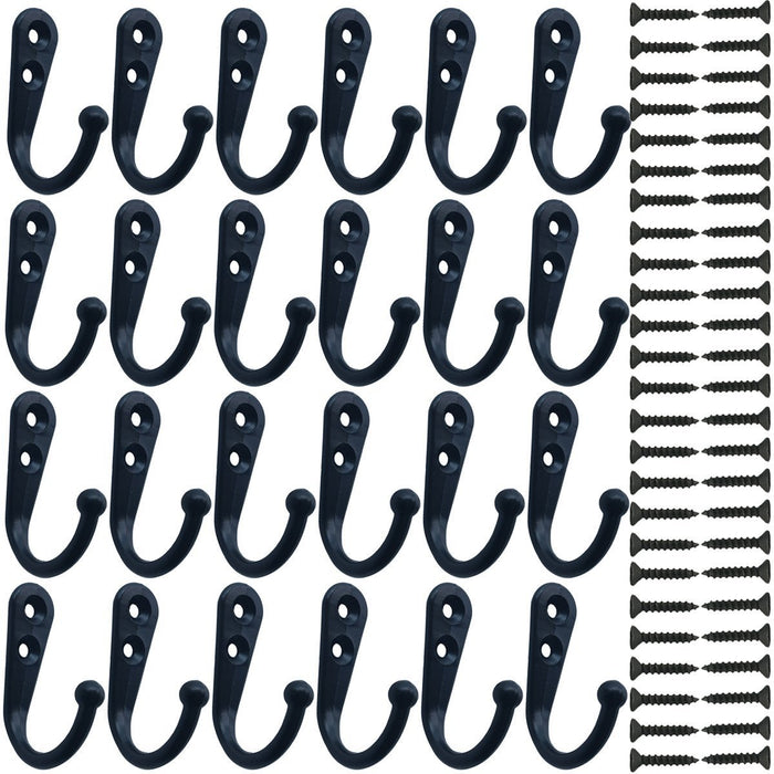 24 Pieces Coat Hooks Wall Mounted Robe Hook Single Coat Hanger No Scratch and 50 Pieces Screws Black