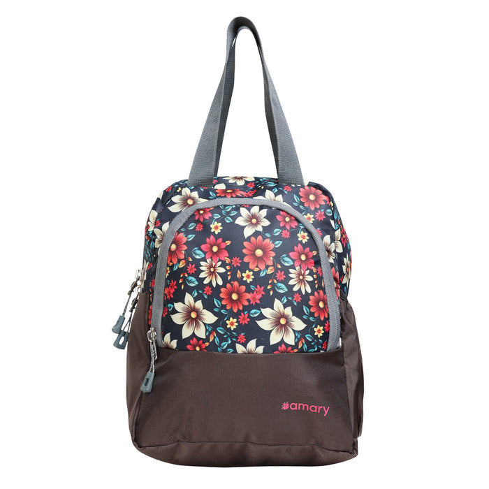 AMARY Lunch Bag with Front Pockets & Bottle Holder | Sturdy Light Weight Special Material | Water Repellent | Spacious Tiffin Bag, Lunch Bag, Storage Bag for All Purpose Needs (Flower, Brown)