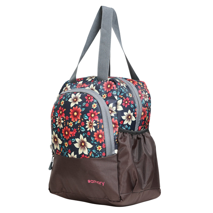 AMARY Lunch Bag with Front Pockets & Bottle Holder | Sturdy Light Weight Special Material | Water Repellent | Spacious Tiffin Bag, Lunch Bag, Storage Bag for All Purpose Needs (Flower, Brown)