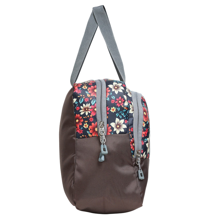 AMARY Lunch Bag with Front Pockets & Bottle Holder | Sturdy Light Weight Special Material | Water Repellent | Spacious Tiffin Bag, Lunch Bag, Storage Bag for All Purpose Needs (Flower, Brown)