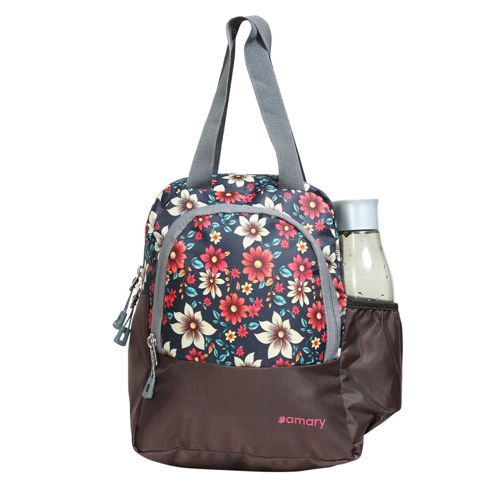 AMARY Lunch Bag with Front Pockets & Bottle Holder | Sturdy Light Weight Special Material | Water Repellent | Spacious Tiffin Bag, Lunch Bag, Storage Bag for All Purpose Needs (Flower, Brown)