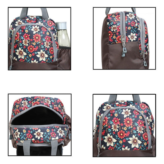 AMARY Lunch Bag with Front Pockets & Bottle Holder | Sturdy Light Weight Special Material | Water Repellent | Spacious Tiffin Bag, Lunch Bag, Storage Bag for All Purpose Needs (Flower, Brown)