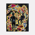 The artwork 'Blue Light' by Laurie Shapiro features two silhouetted figures against a vibrant backdrop of swirling patterns. The composition combines bold yellow outlines with splashes of pink, blue, and orange in an abstract, psychedelic style. Created using fabrics, sewing, and water-based paints, the piece showcases intricate textile work and dynamic color contrasts against a dark background. 44x34 inches. By Laurie Shapiro.