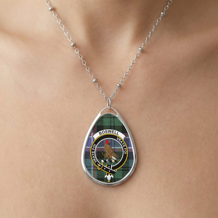 Close-up of Boswell clan tartan pendant necklace with crest design