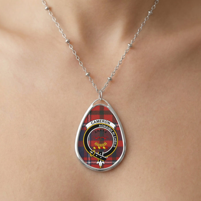 Close-up of Cameron clan tartan pendant necklace with crest design