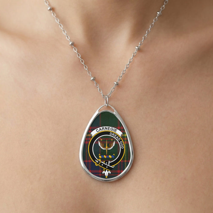 Close-up of Carnegie clan tartan pendant necklace with crest design
