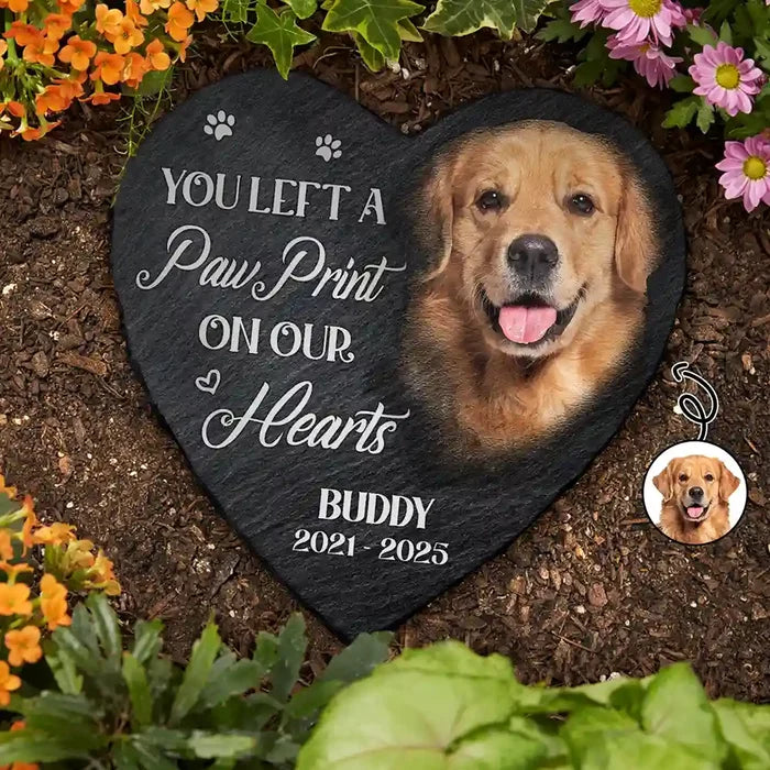 Sad,Memorial,Dog Lovers,Pet Lovers - Custom Photo Memorial Dog Cat You Left A Paw Print - Personalized Heart Memorial Garden Stone