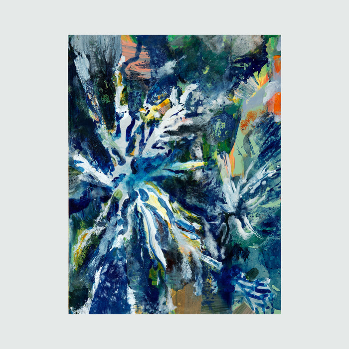 The artwork 'Cyanotype II' by Molly Herman features dynamic abstract expressionist brushstrokes in deep navy blues and crisp whites, creating an explosive radial pattern. Vibrant touches of yellow, orange, and emerald green accent the composition, while fluid waterbased pigments blend with oil paint on birch, producing a dynamic oceanic effect with crystalline formations.