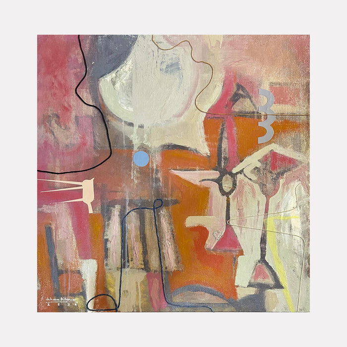 The artwork 'Daughter and Toys 2' by Jose Johann Bitancor features abstract geometric shapes and linear elements against a warm background of orange, pink, and cream tones. The mixed media composition on canvas incorporates delicate black lines, circular motifs, and angular forms, creating a playful yet sophisticated arrangement with subtle textural variations throughout the 24x24 inch surface.