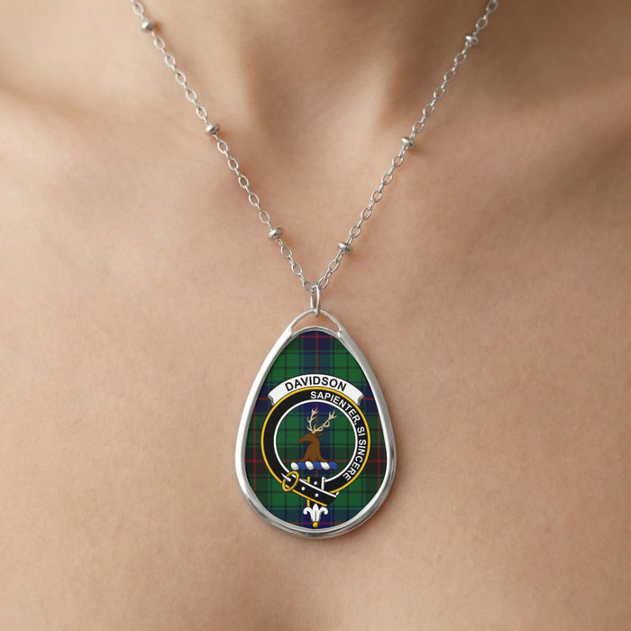 Close-up of Davidson clan tartan pendant necklace with crest design