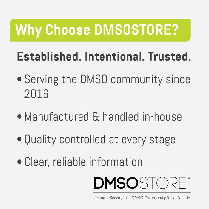 Promotional graphic for DMSOSTORE highlighting their establishment, quality control, and services.