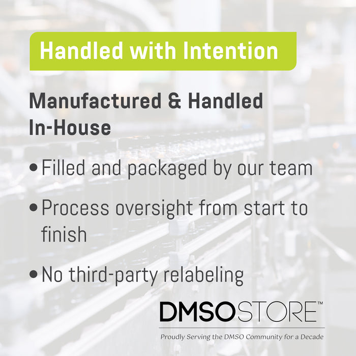 Advertisement for DMSO Store highlighting in-house manufacturing and handling, with text on a blurred background.
