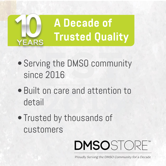 DMSO Store advertisement celebrating 10 years of trusted quality in serving the DMSO community.
