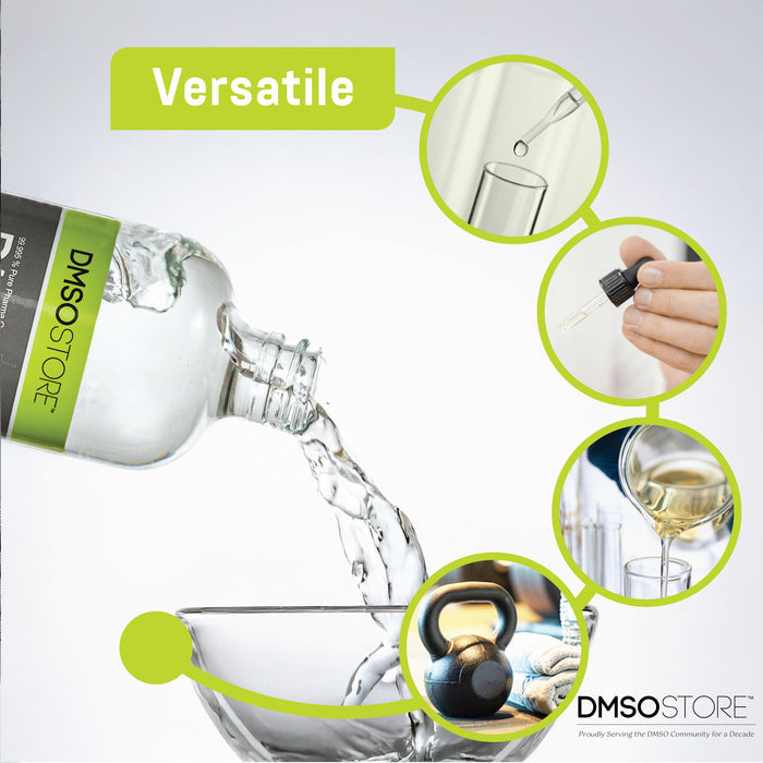 DMSO bottle being poured, with images of its uses and 'Versatile' text on a white background.
DMSO Store