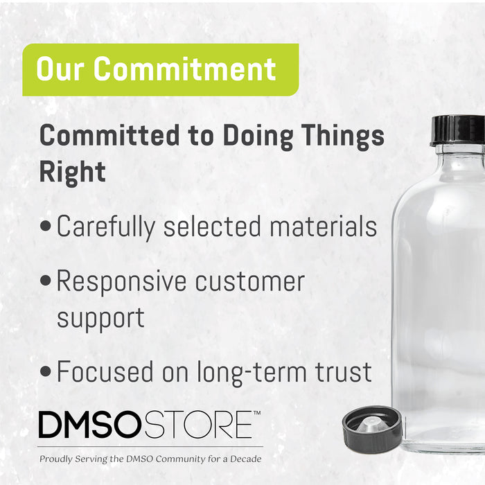 Clear bottle with black cap on a white background, featuring text about DMSO Store's commitment.