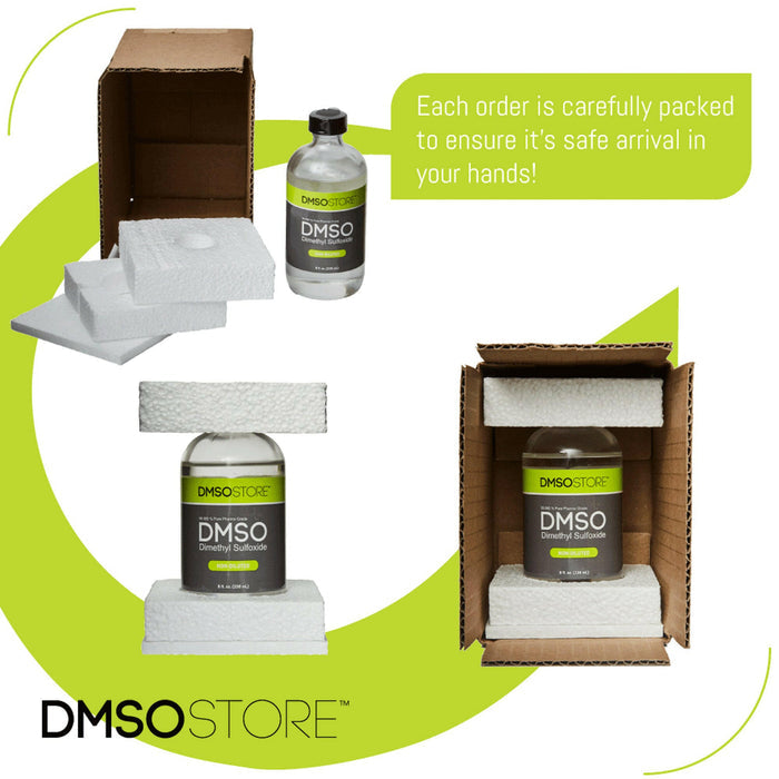 dmso in a glass bottle with styro-form packaging for shipping
Each order carefully packed for safe arrival
