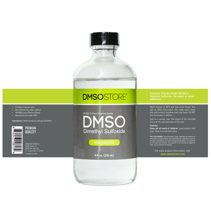DMSO 8 oz. Glass Bottle Non-diluted 99.995% Low Odor Pharma Grade Liquid Dimethyl Sulfoxide - dmsostore
joint and muscle support
Label spread out to show entire label