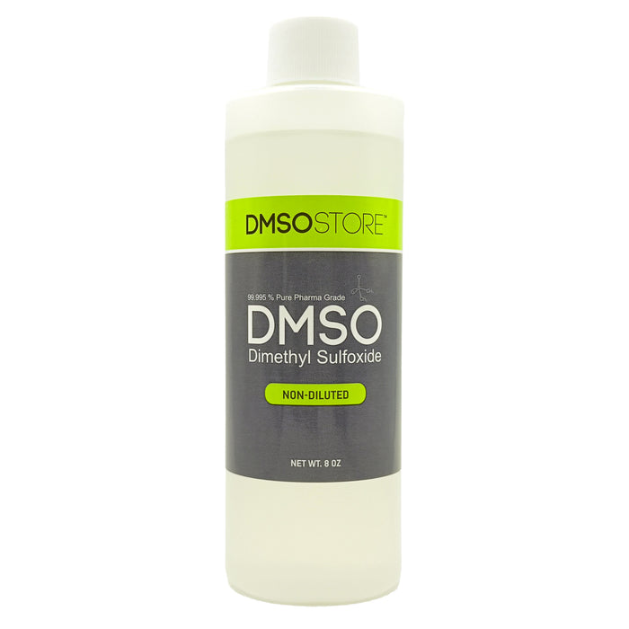A bottle labeled DMSO Dimethyl Sulfoxide, non-diluted, with a capacity indicator of 8 oz.
Joint and muscle support.