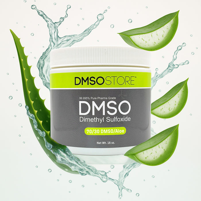 DMSO container with aloe vera leaves and water droplets on a light green background
DMSO 70/30 Aloe gel 
Joint and muscle support