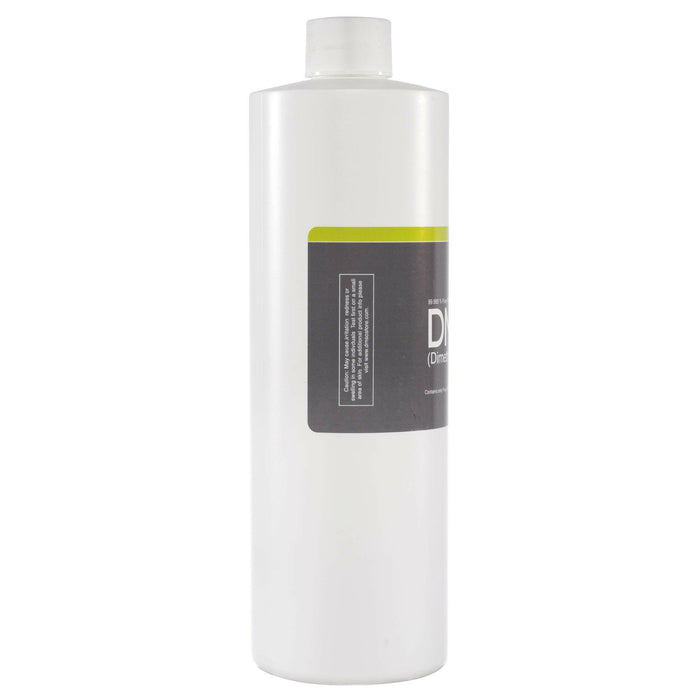 Side view of cylindrical 16 oz bottle with white cap attached. Label reads DMSO Dimethyl sulfoxide.