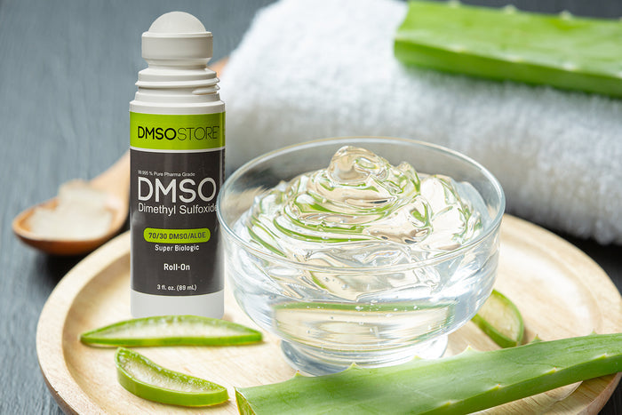 DMSO 70/30 Aloe Roll on is opened on a table with aloe vera pieces and the gel in a bowl.
Joint and muscle support
