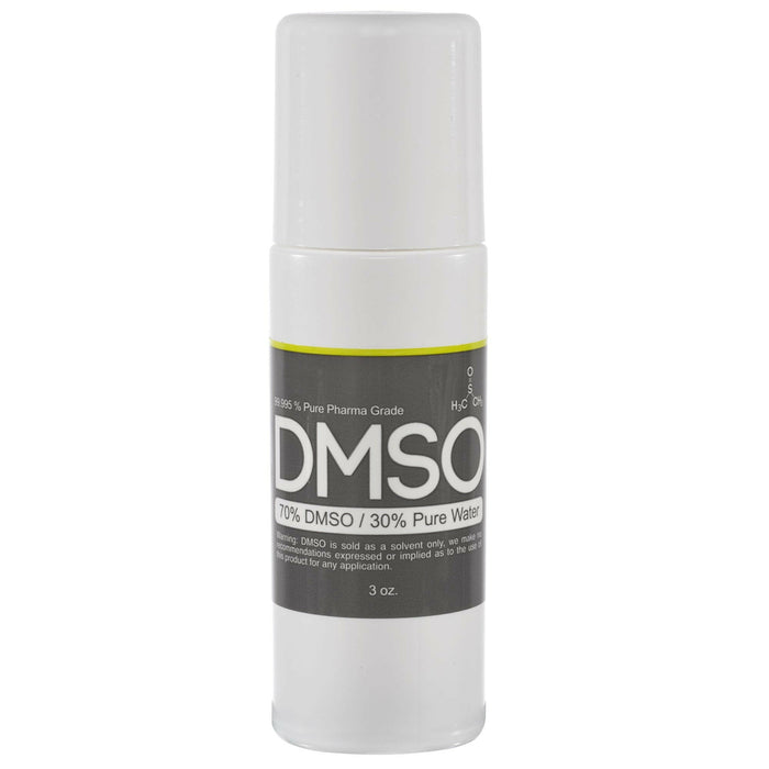 DMSO-roll-on-70-30-back-pain-3-oz-dimethyl-sulfoxide. Small white cylindrical bottle with cap screwed on. Label reads "DMSO 70% DMSO 30% 
Pure Water" 3 oz
Joint and muscle support.
Easy and convenient roll on container,