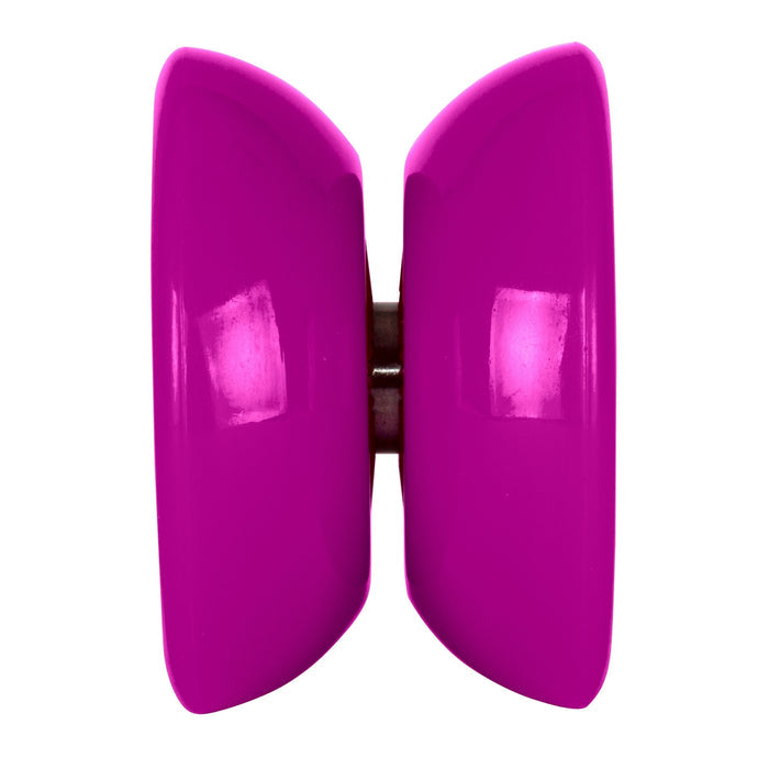 The Duncan Butterfly XT Yo-Yo by Duncan features two large, glossy, symmetrical pink cups connected by a central axle, resembling a butterfly shape and photographed against a white background.