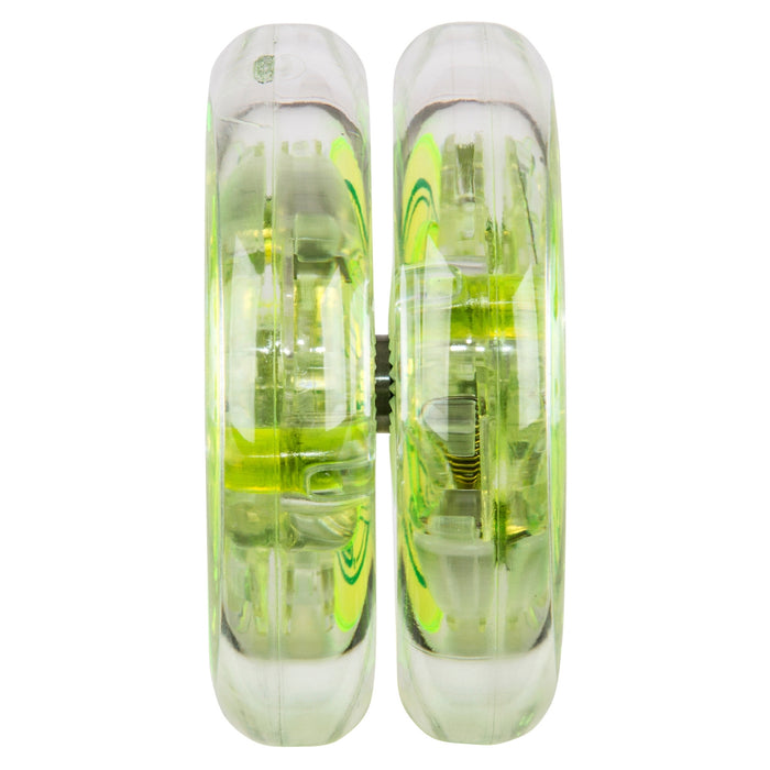 A close-up, front-facing view of the Duncan Pulse Light-up Yo-Yo, featuring clear and neon green transparent plastic sides that reveal its internal mechanisms.