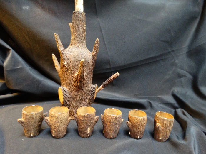 Faux Bois Bottle with Shot Glasses.