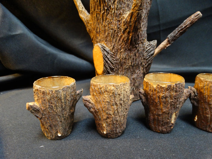 Faux Bois Bottle with Shot Glasses.
