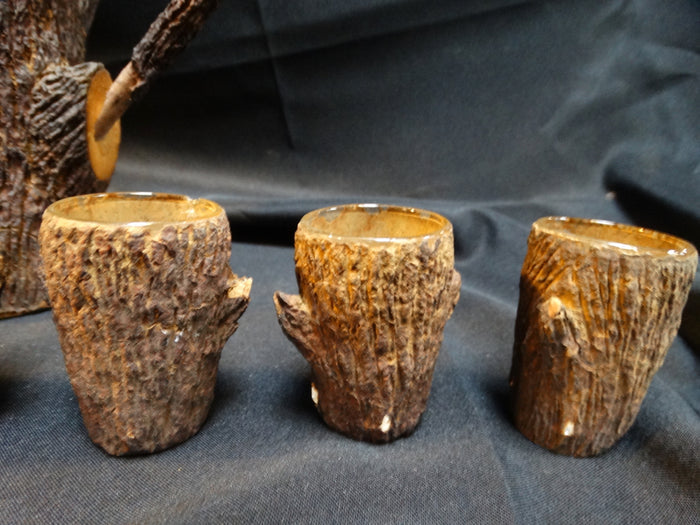 Faux Bois Bottle with Shot Glasses.