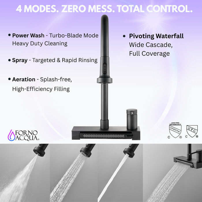 FORNO ACQUA 4 Function Waterfall  Pull-Down Kitchen Faucet Black