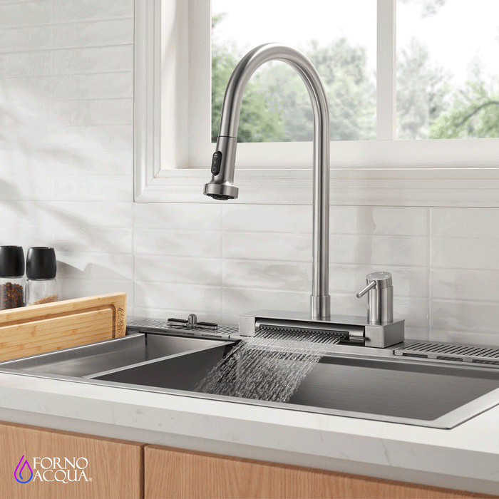 FORNO ACQUA 4 Function Waterfall Pull-Down Kitchen Faucet Brushed Nickel