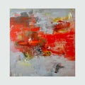 The artwork 'Money Talks, but Love is for Real' by Petra Nimtz features bold abstract expressionism with dynamic red brushstrokes against a misty gray background. Textured oil paint on linen creates layers of vibrant scarlet, subtle yellows, and weathered grays, with gestural marks suggesting emotional intensity and movement across the 45x49 inch canvas.