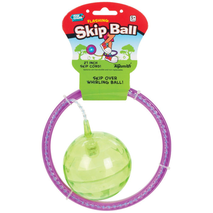 The Playground Classics Flashing Skip Ball by Playground Classics features a purple loop and green ball connected by a cord, with playful packaging designed for active play for ages 5+.