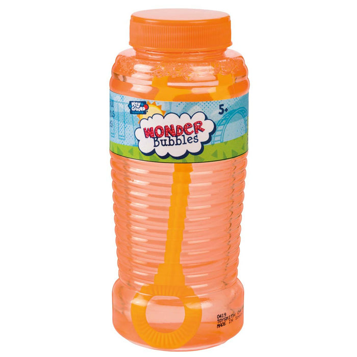 The Playground Classics Wonder Bubbles 8oz by Playground Classics is a clear, textured plastic bottle with an orange cap and colorful label. Filled with orange bubble solution, it includes an orange wand—perfect for outdoor fun.