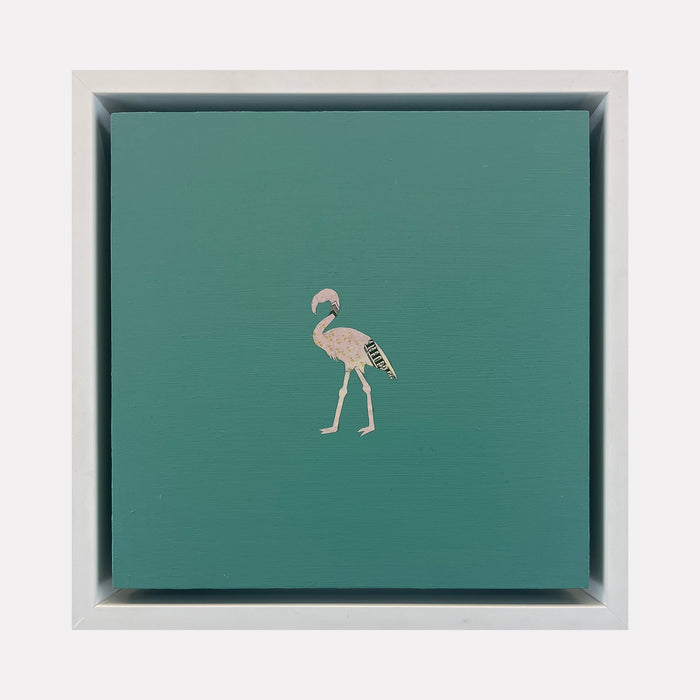 The artwork "Profit Margins, Flamingo" by Jacki Davis features a small, stylized flamingo crafted from US currency with intricate details, set against a solid teal acrylic background on an 8x8 inch wood panel, highlighting texture contrast and minimalist design.