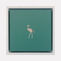 The artwork "Profit Margins, Flamingo" by Jacki Davis features a small, stylized flamingo crafted from US currency with intricate details, set against a solid teal acrylic background on an 8x8 inch wood panel, highlighting texture contrast and minimalist design.