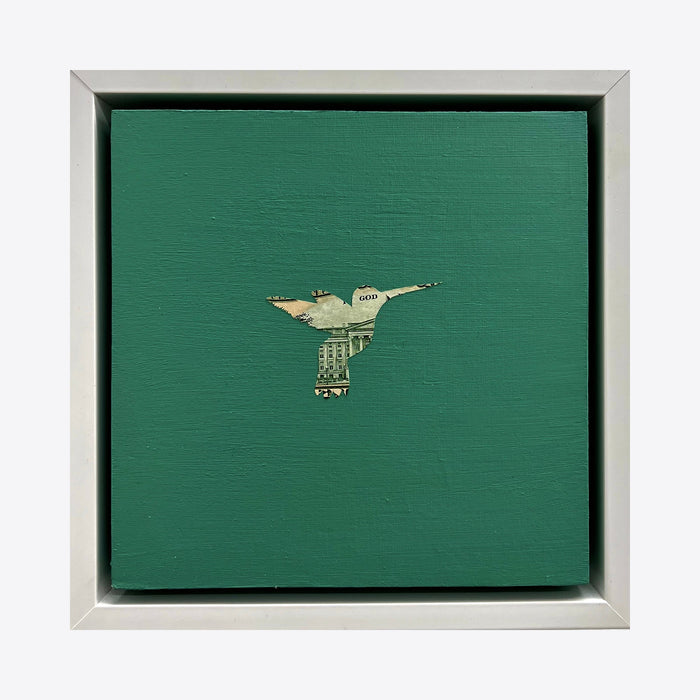 The artwork 'Profit Margins, Hummingbird' by Jacki Davis features a delicate hummingbird silhouette crafted from US currency against a rich emerald green background. The mixed media piece combines acrylic paint on wood panel with intricately cut paper money, creating a minimalist yet striking 8x8 inch composition framed in silver.
