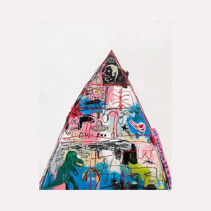 The artwork 'Pyramid Scheme' by Andrew Chan features a striking triangular composition filled with vibrant street art elements. Bold strokes of blue, pink, red, and green create an energetic graffiti-style design within the pyramid shape. Abstract figures and geometric patterns merge with expressive linework and urban artistic motifs on white canvas, executed in acrylic with a contemporary neo-expressionist style by Andrew Chan.