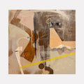 The artwork 'Recycled Series 1' by Jose Johann Bitancor features abstract geometric shapes in muted earth tones, including beige, brown, and rust. The composition incorporates curved lines, bold brushstrokes, and textural elements on wood board, with a distinctive yellow linear accent. The mixed media piece creates a harmonious balance between organic forms and structured elements.