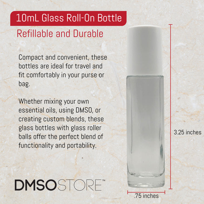 10mL Glass Roll-On Bottle with dimensions and DMSO Store branding on a textured beige background