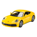 A bright yellow, two-door Rollin' Porsche Assortment die-cast car with sleek curves, silver rims, and black accents is shown from the front left angle on a white background.