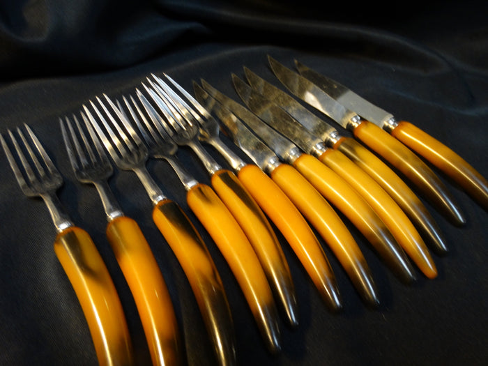 Set of 6 Knives and 6 Forks with Bakelite Faux-horn Handles