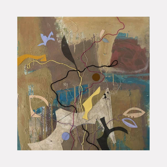 Sibol Series 1 by Jose Johann Bitancor features an abstract composition with organic flowing lines and botanical forms. The artwork combines earthy browns, vibrant yellows, and turquoise accents on a textured wood board. Curved shapes and gestural black lines create movement across the mixed media piece, while subtle purple and blue elements add ethereal touches to the 24x24 inch artwork.