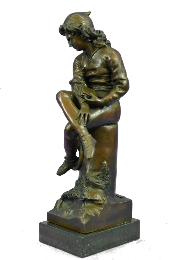Signed Carpeaux Young Man sitting on a tree Trunk Reading Book Bronze Sculpture