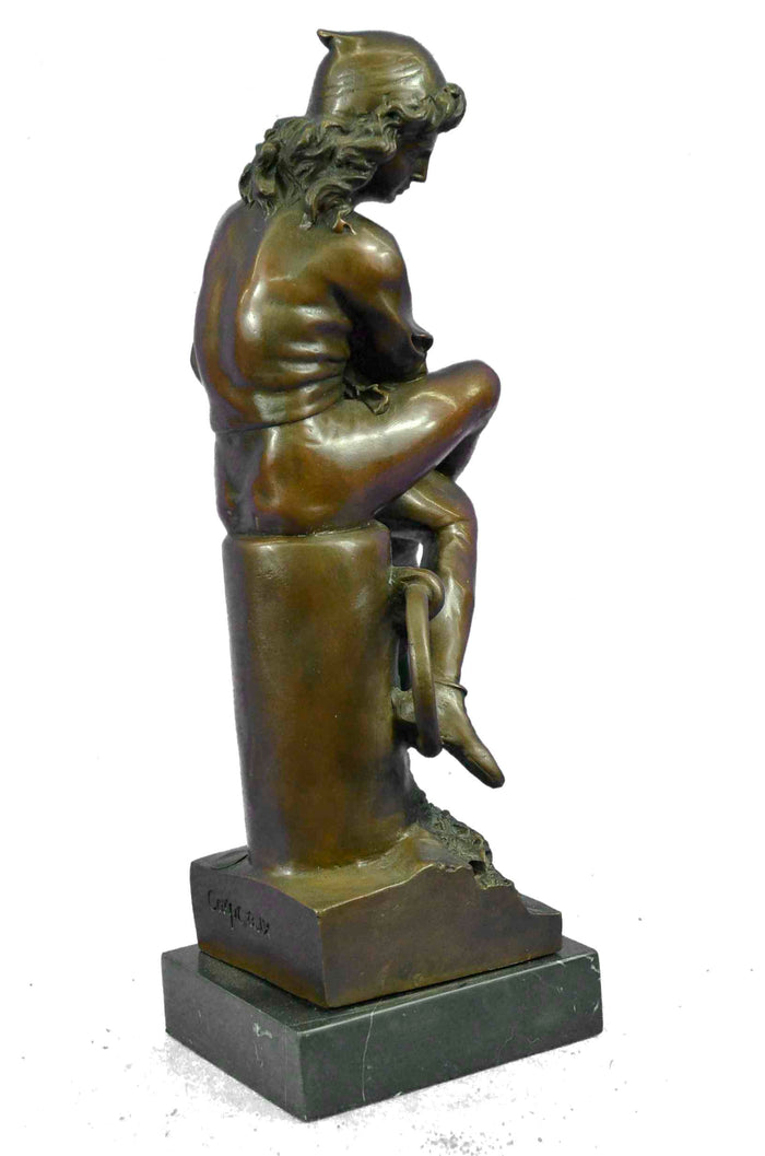 Signed Carpeaux Young Man sitting on a tree Trunk Reading Book Bronze Sculpture