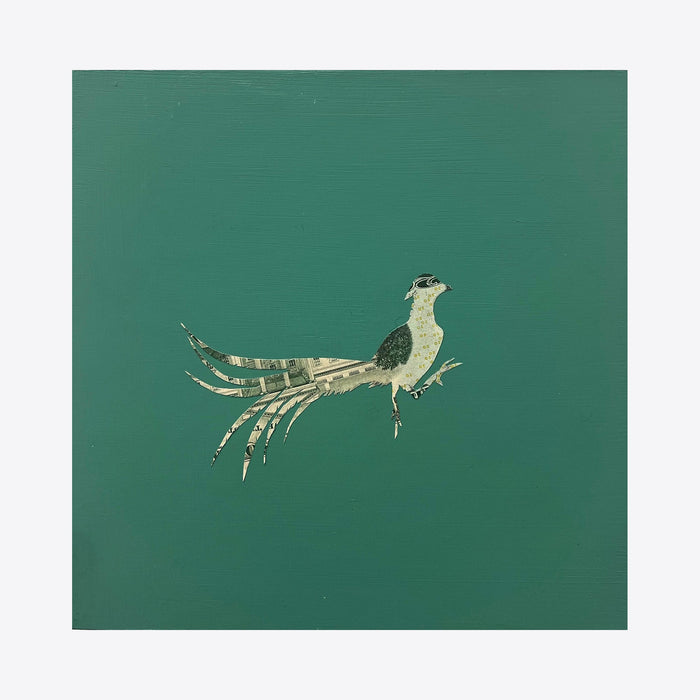 Spirit Messengers, Golden Pheasant by Jacki Davis features an elegant pheasant crafted from US currency against a deep emerald green background. The bird's elongated tail feathers and detailed plumage are intricately created using dollar bills, combining mixed media artistry with currency collage on wood panel.