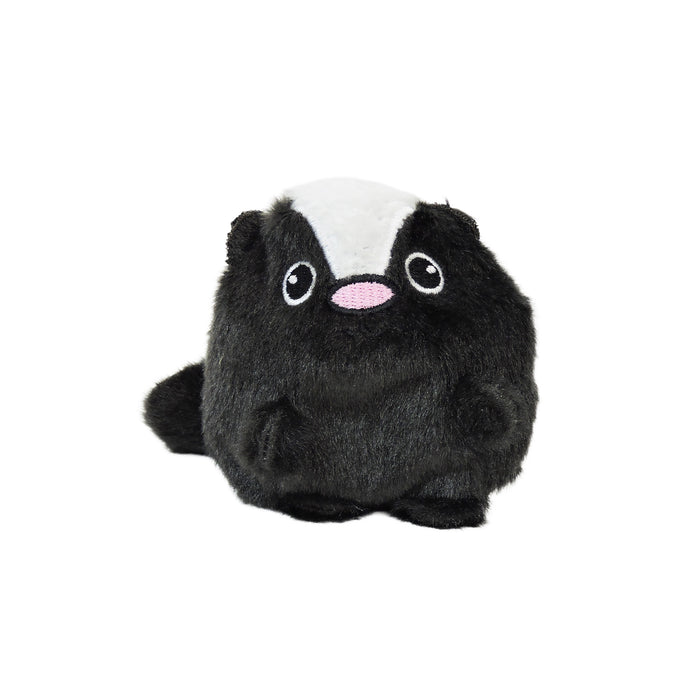 The Sugar Skwisheez: Dumpster Divers by Sugar Skwisheez is a plush skunk with black fur, a white head stripe, pink nose, and large round eyes, displayed on a white background.